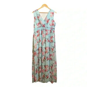 VGT Women's Maxi Dress Pullover Light Blue Floral Print Summer V-neck Back Zip